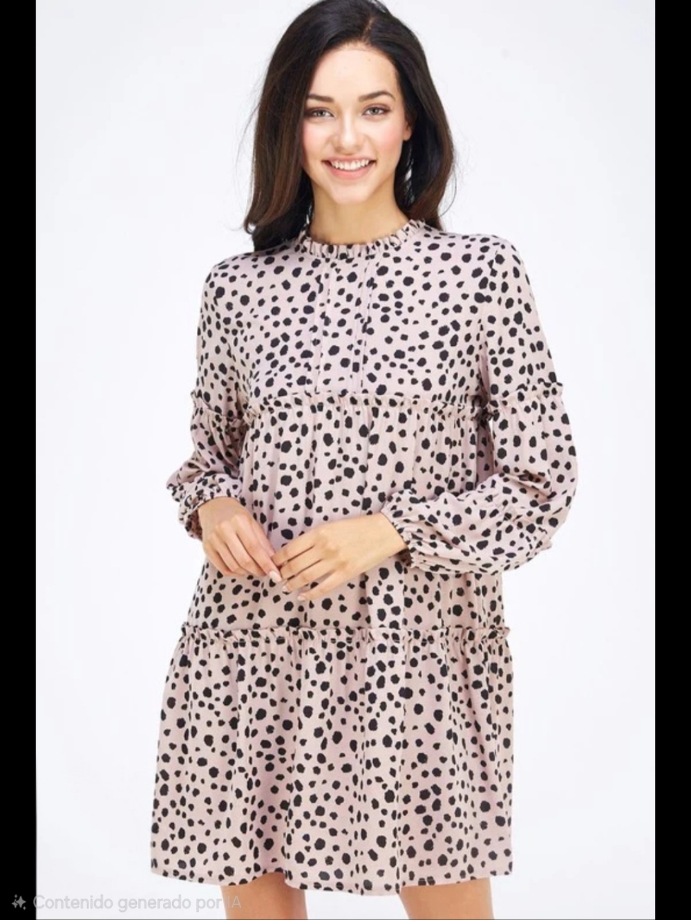 Pink Polka Dot Mini Dress Long Sleeves Mockneck Swing Boho Clean Girl Summer